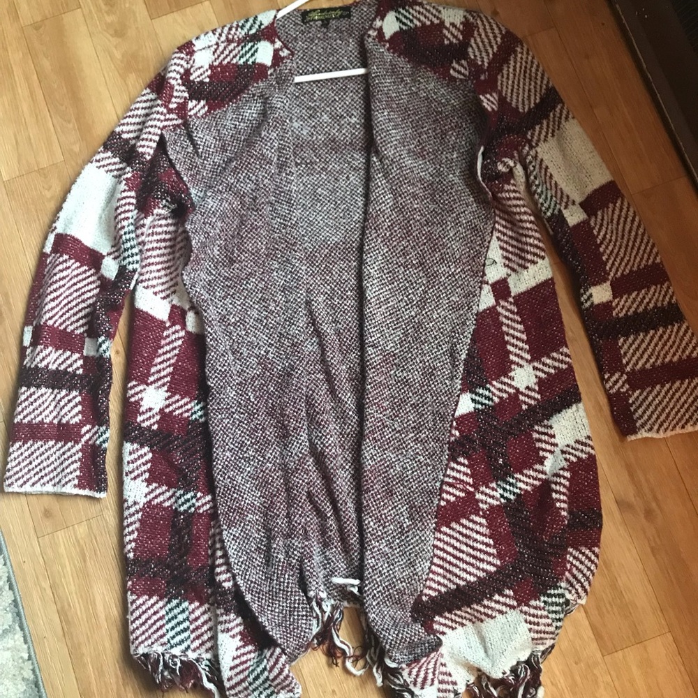 Maroon plaid fringe sweater